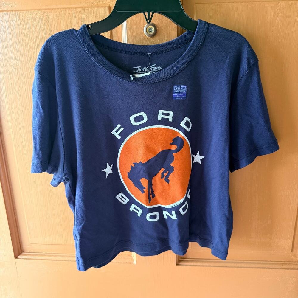 NWT Junk Food Ford Bronco Vintage Cropped Tee Sz L Navy Orange Logo